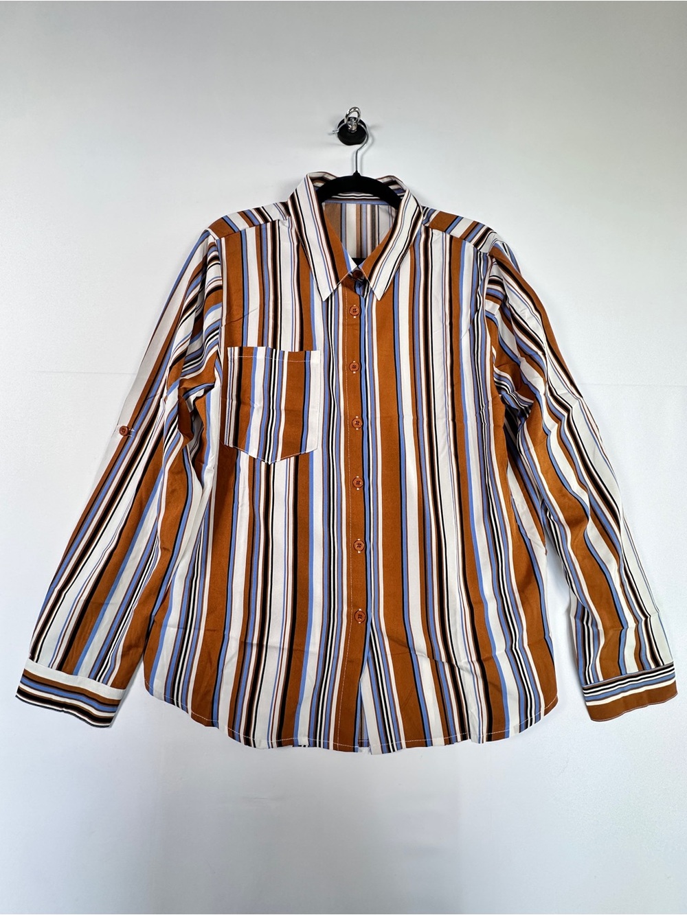 70s Retro Striped Button Down Shirt Brown Blue Beige Size XL